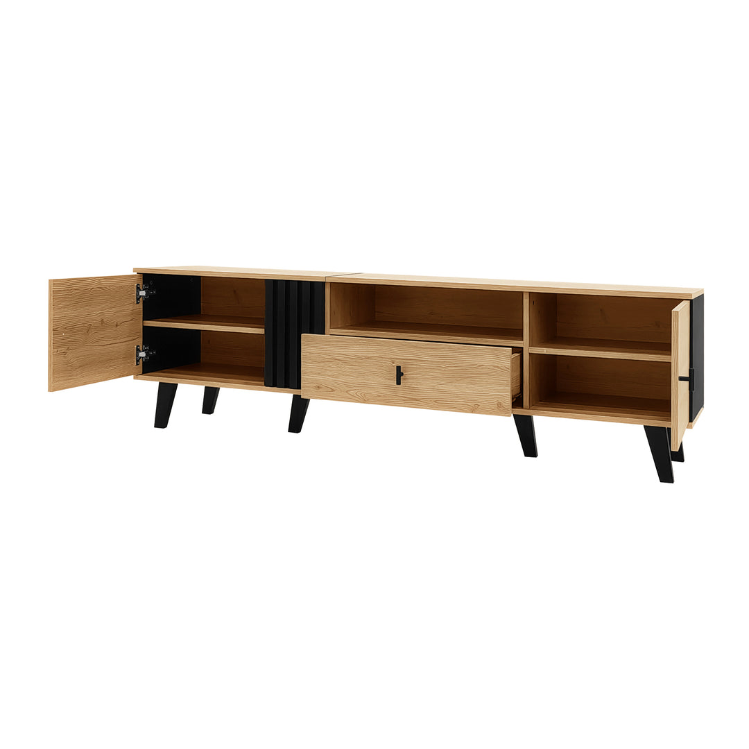 Modern wooden TV cabinet with drawer 2 doors with black slatted design SEEDLING