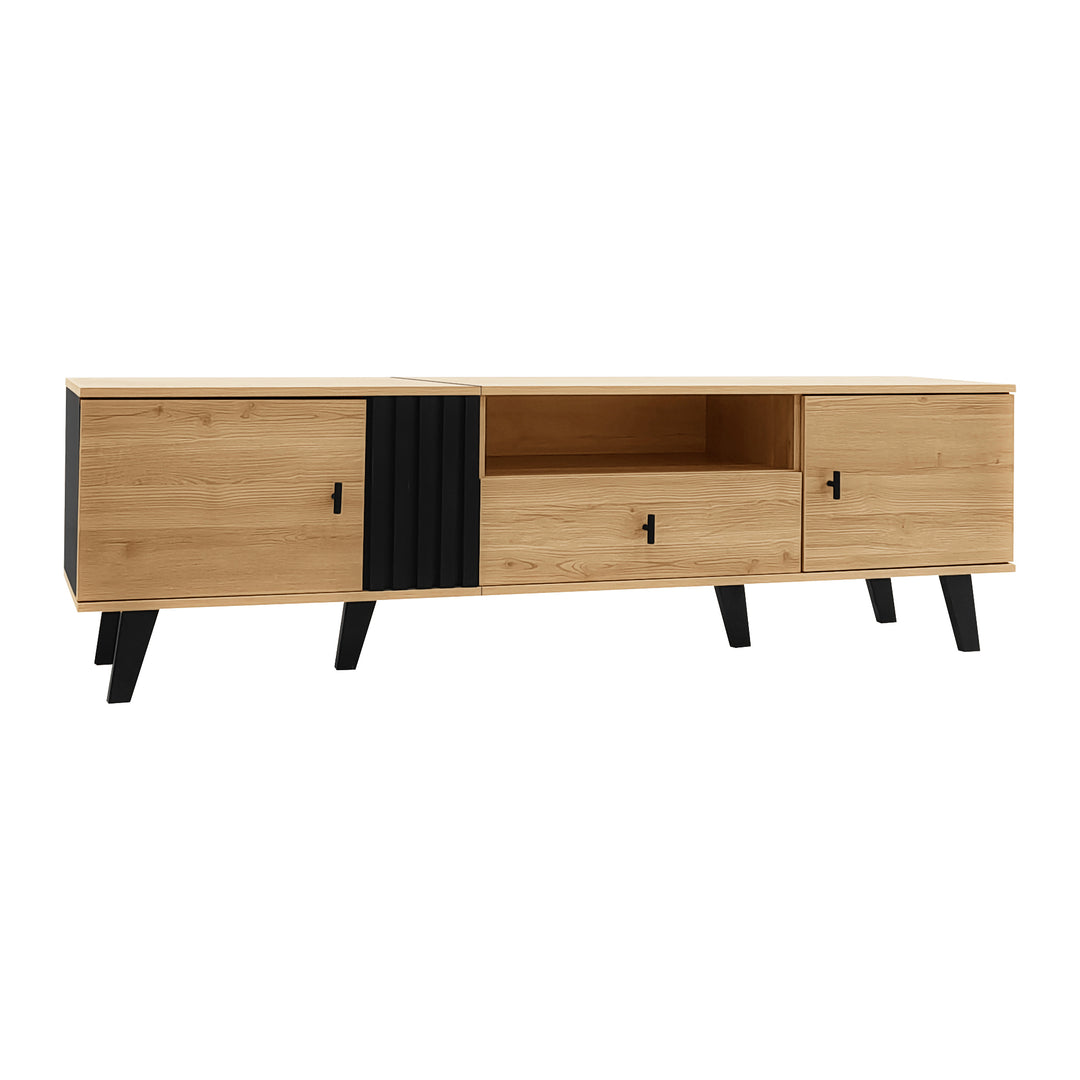 Modern wooden TV cabinet with drawer 2 doors with black slatted design SEEDLING