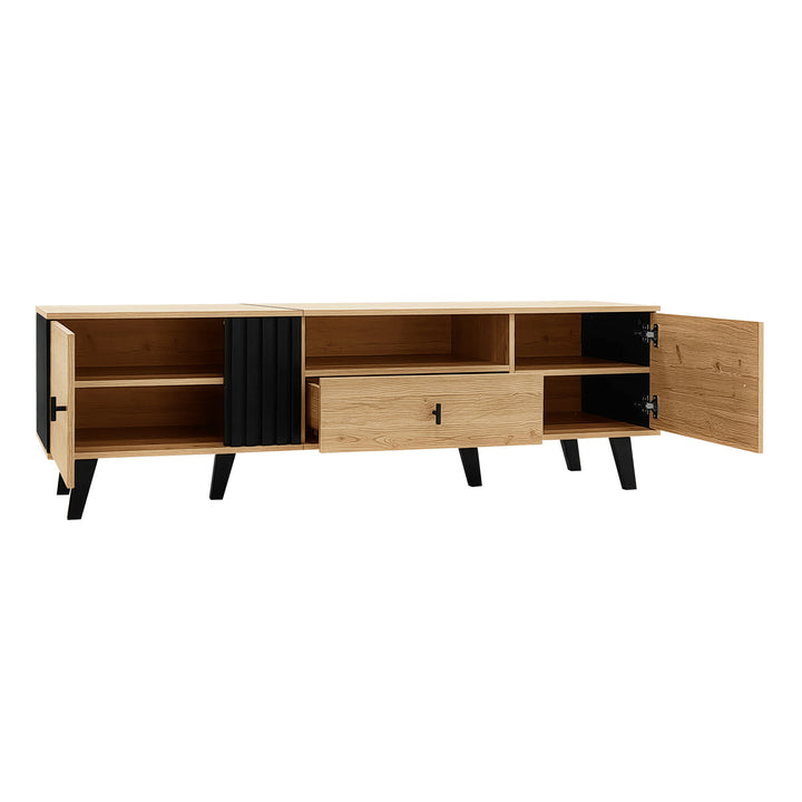 Modern wooden TV cabinet with drawer 2 doors with black slatted design SEEDLING
