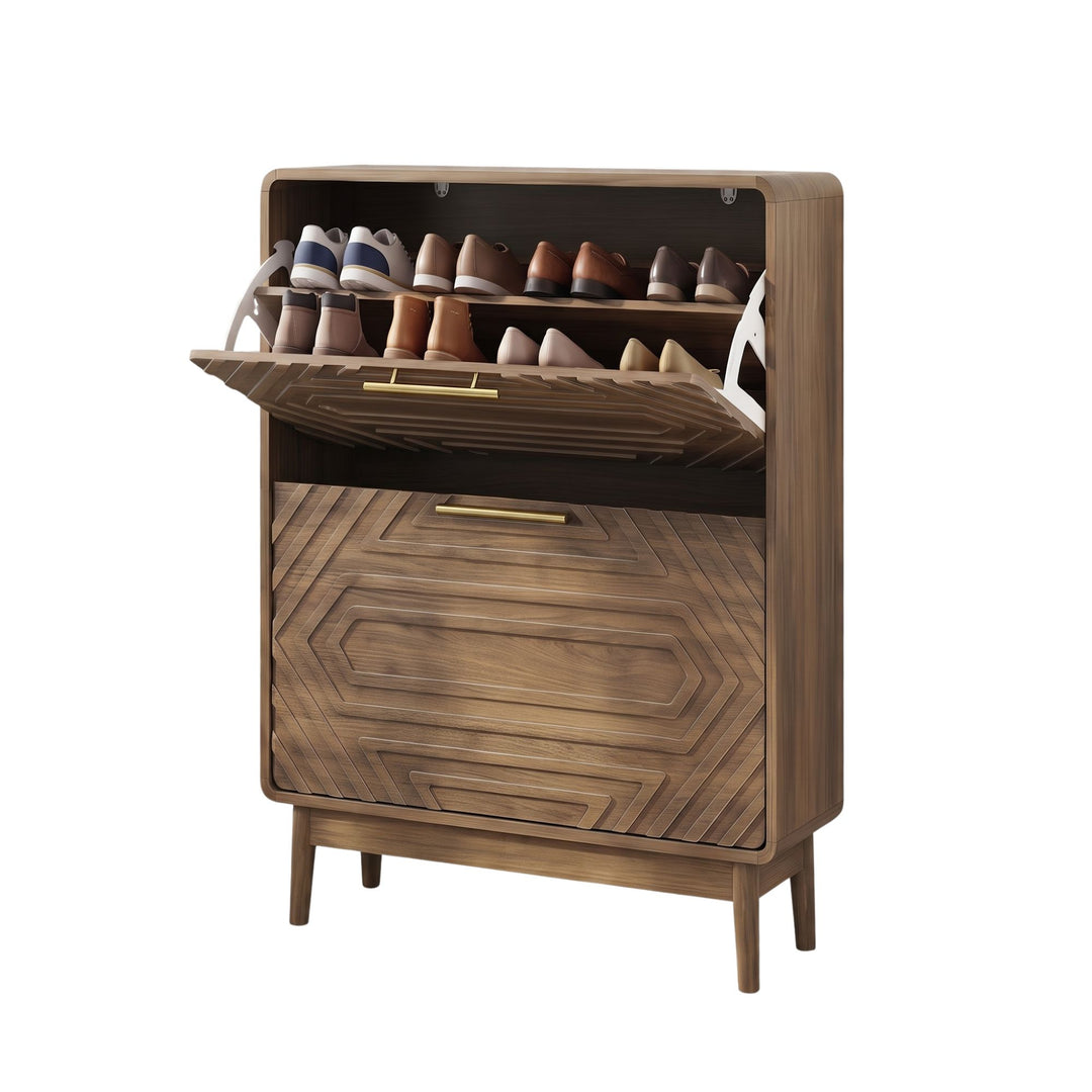 Walnut Shoe Cabinet with 2 Flip-Down Drawers, Slim Storage 60cm WOODELITE