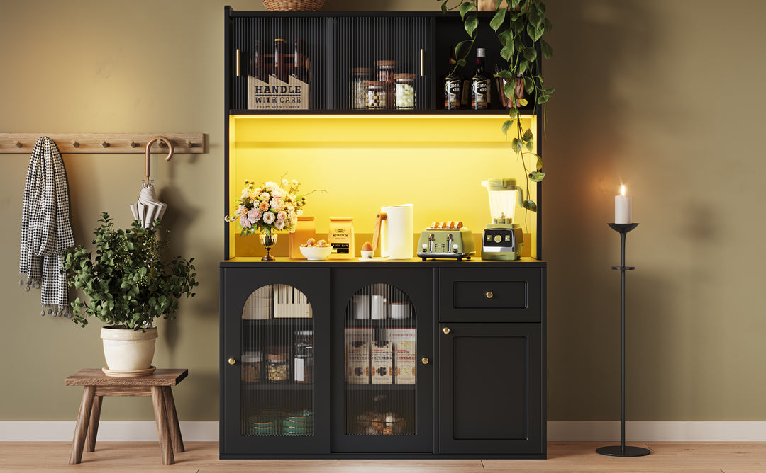 Black kitchen hutches buffet with LED lighting, fluted glass sliding doors VIGOURAN