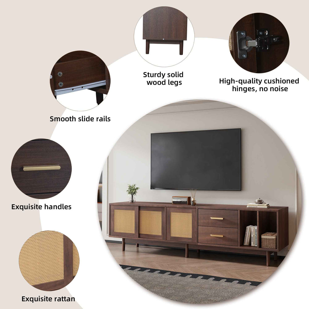 TV stand dark wood vintage look with rattan sliding doors & 2 drawers  INFINITERIF