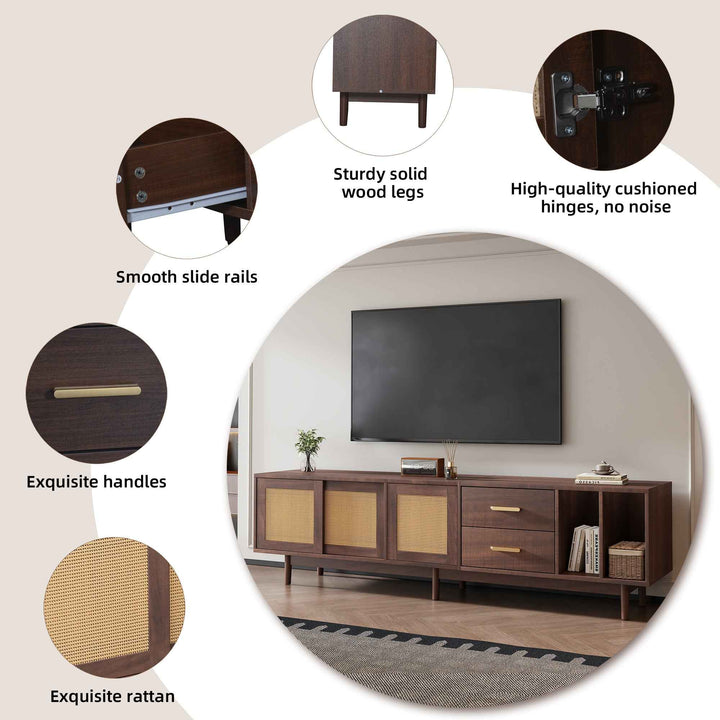 TV stand dark wood vintage look with rattan sliding doors & 2 drawers  INFINITERIF