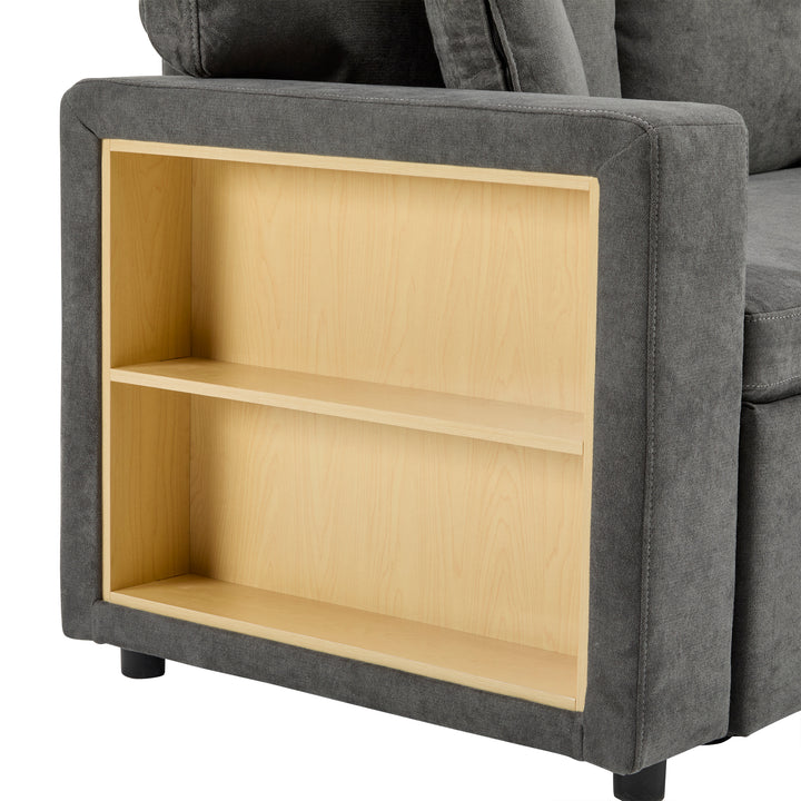 Grey L-shaped corner sofa bed, side shelf with integrated USB and storage VOLATILGAS
