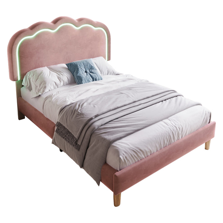 Pink velvet upholstered divan bed frame with LED, headboard height adjustable INDROX PINK UK
