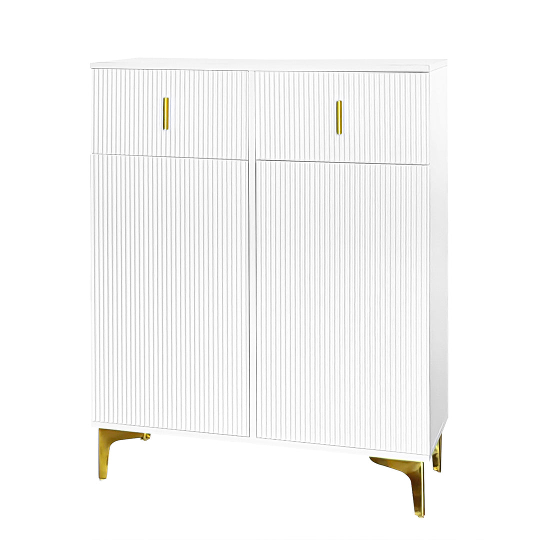 White shoe cabinet with textured panels and golden legs FERNCREST UK