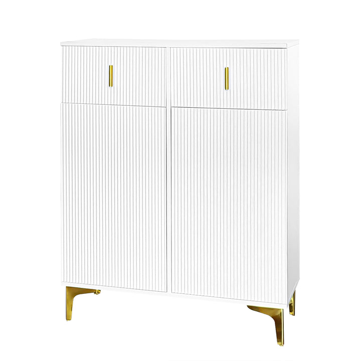 White shoe cabinet with textured panels and golden legs FERNCREST UK
