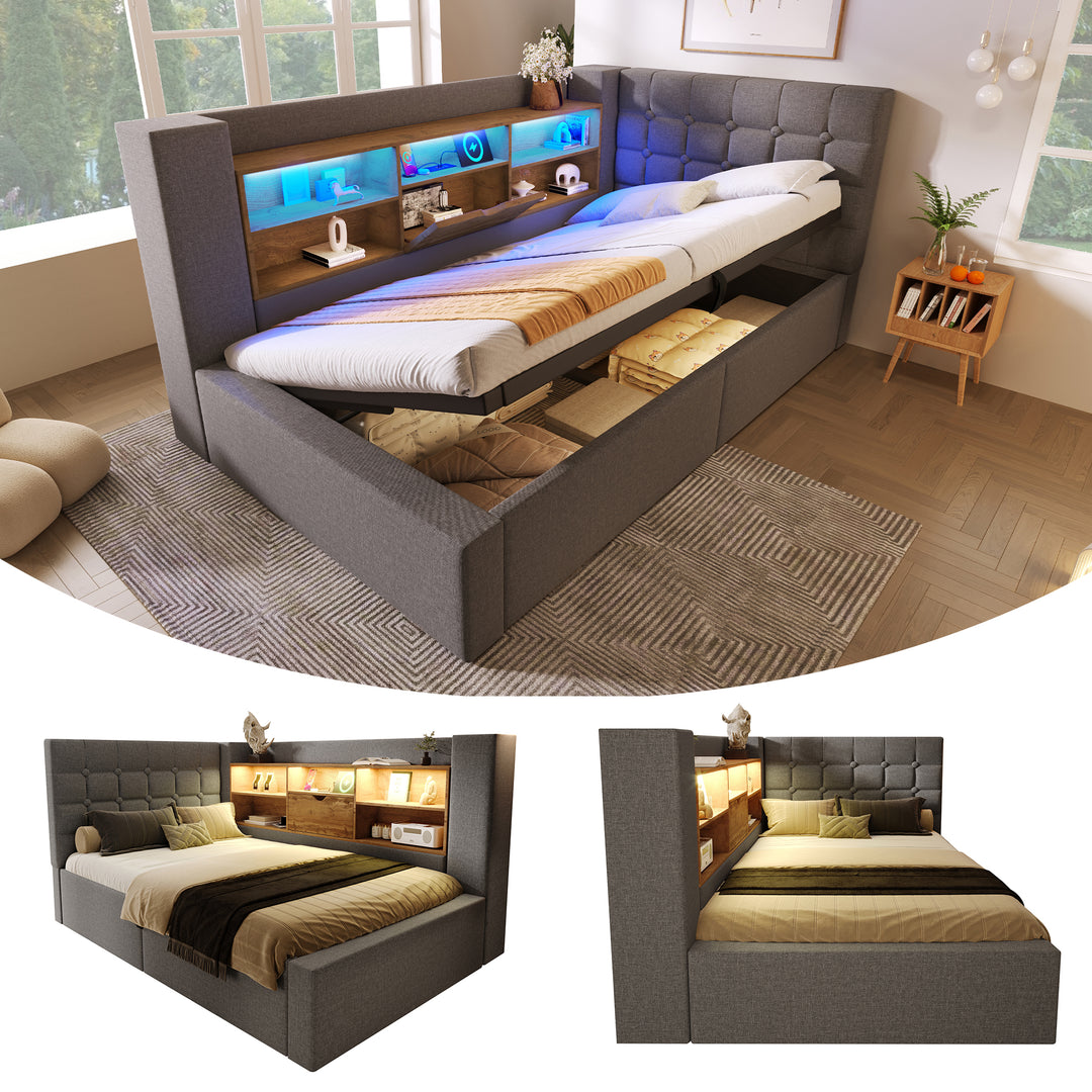 Single Daybed 3ft Grey Linen Upholstered Bed with Hydraulic Storage and LED Lights 90x190cm TRUNKMAX