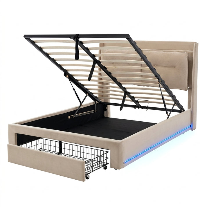 Beige velvet upholstered storage ottoman bed king size with drawer and LED light (150*200cm) BOVU BEIGE KING UK