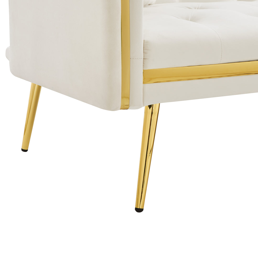 Beige velvet tufted 2-seater sofa bed with gold legs hidden fold-down cup holder COTTONPUFF