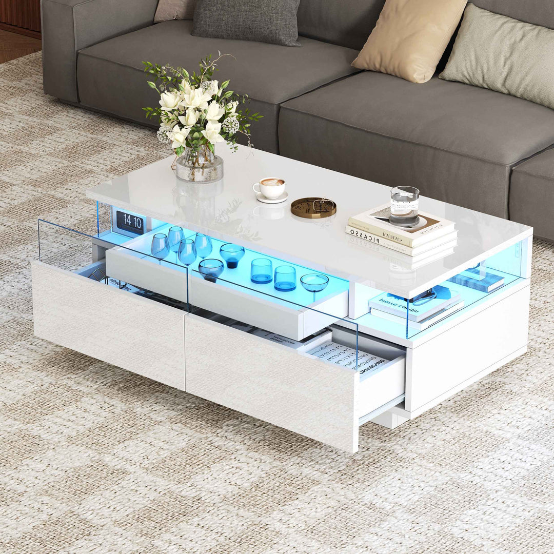 White high gloss coffee table with LED lights, 2 drawers, pull-out tray FLAREVORNAX