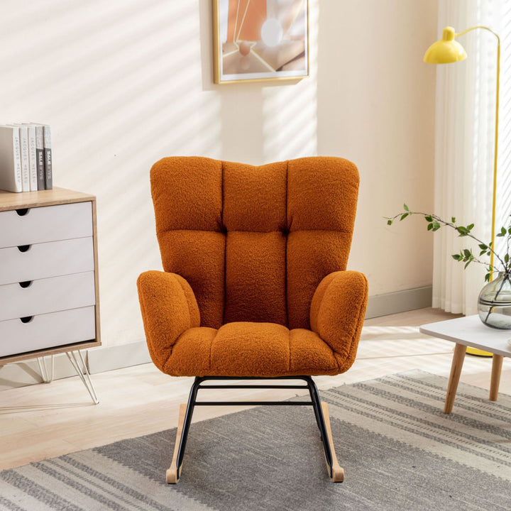 Orange teddy fabric upholstered rocking chair THROKUTS TEDDY CARAMEL UK