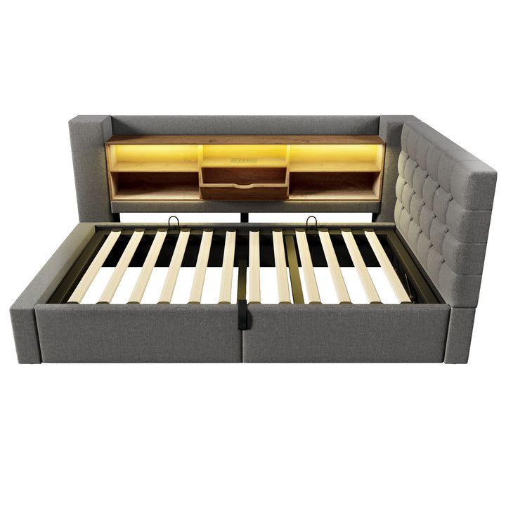 Single Daybed 3ft Grey Linen Upholstered Bed with Hydraulic Storage and LED Lights 90x190cm TRUNKMAX