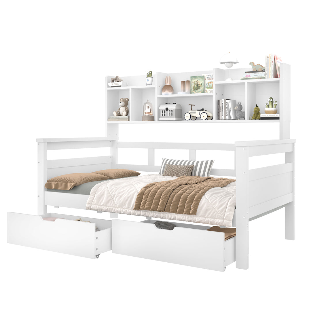 White wooden daybed with shelves and 2 drawers (90*190cm) SANDARAC