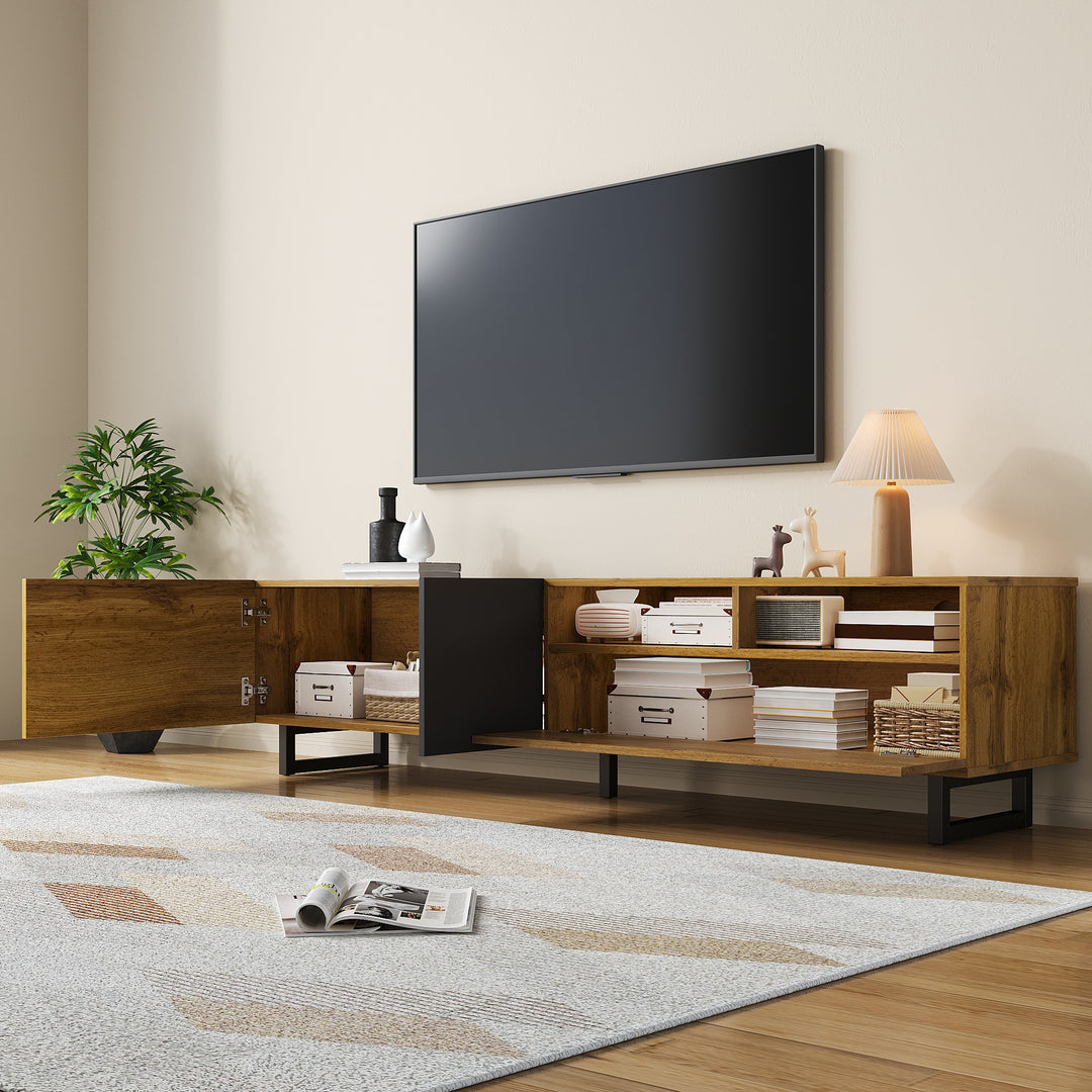 Colorblock TV cabinet retro wood grain compartments, U-shaped metal legs RESPIRATO