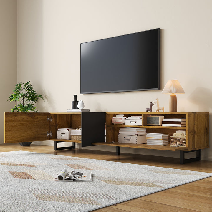 Colorblock TV cabinet retro wood grain compartments, U-shaped metal legs RESPIRATO