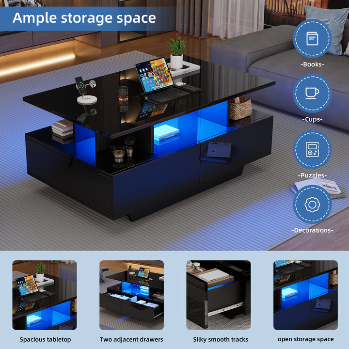 Black high-gloss coffee table 2 drawers with LED lighting ATOMSWALE