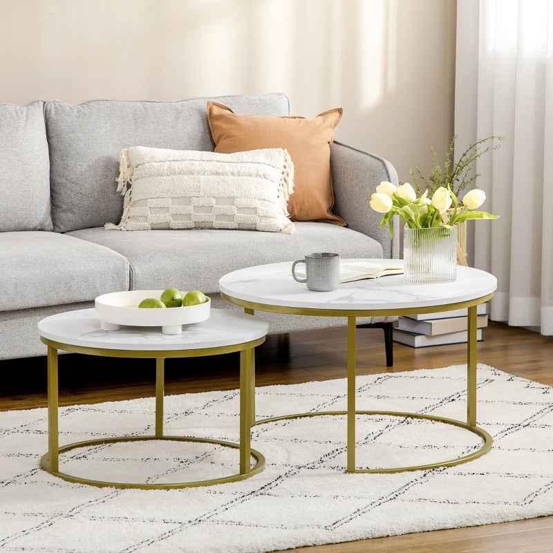 Coffee Table Set of 2, Round Nesting Tables, Faux Marble Top, Metal Frame, White, Modern Living Room Space-Saving Design
