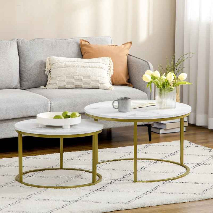 Coffee Table Set of 2, Round Nesting Tables, Faux Marble Top, Metal Frame, White, Modern Living Room Space-Saving Design