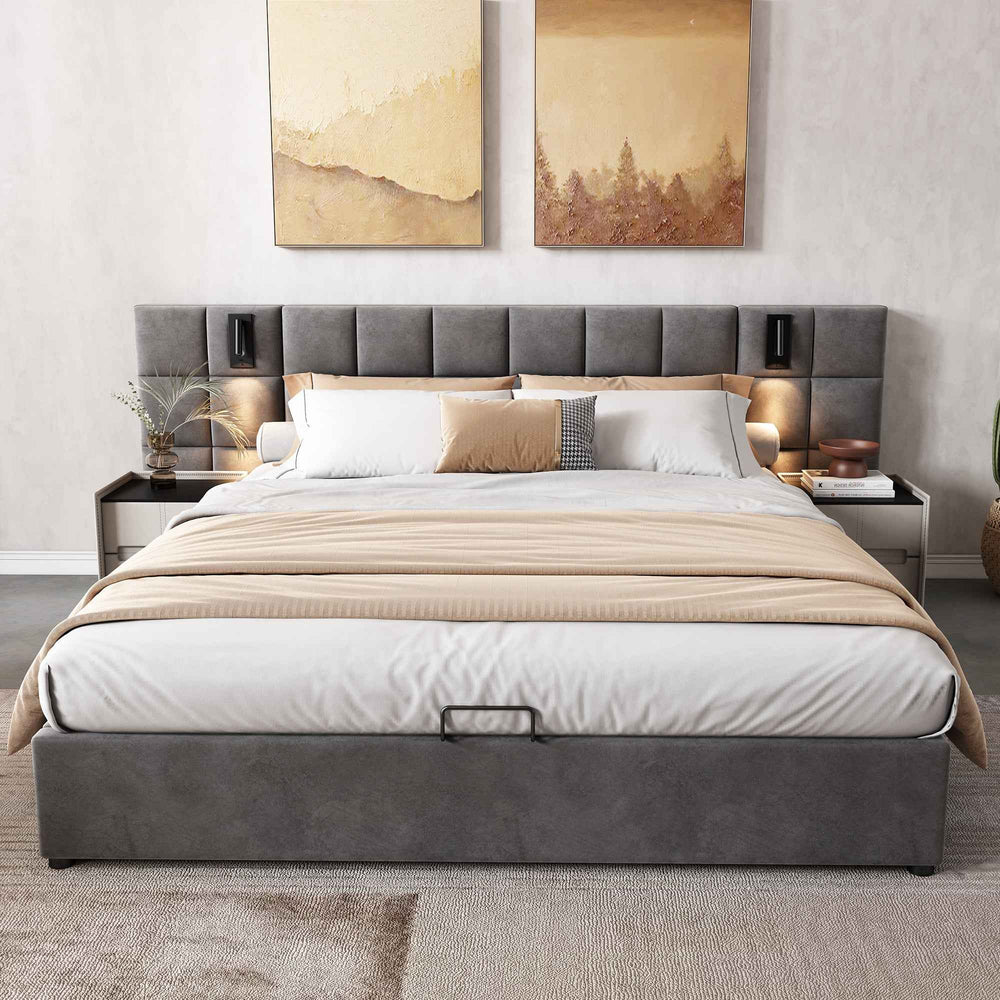 Super king size upholstered ottoman bed 6ft velvet grey with USB charging & lamp, wide headboard no mattress or bedside tables