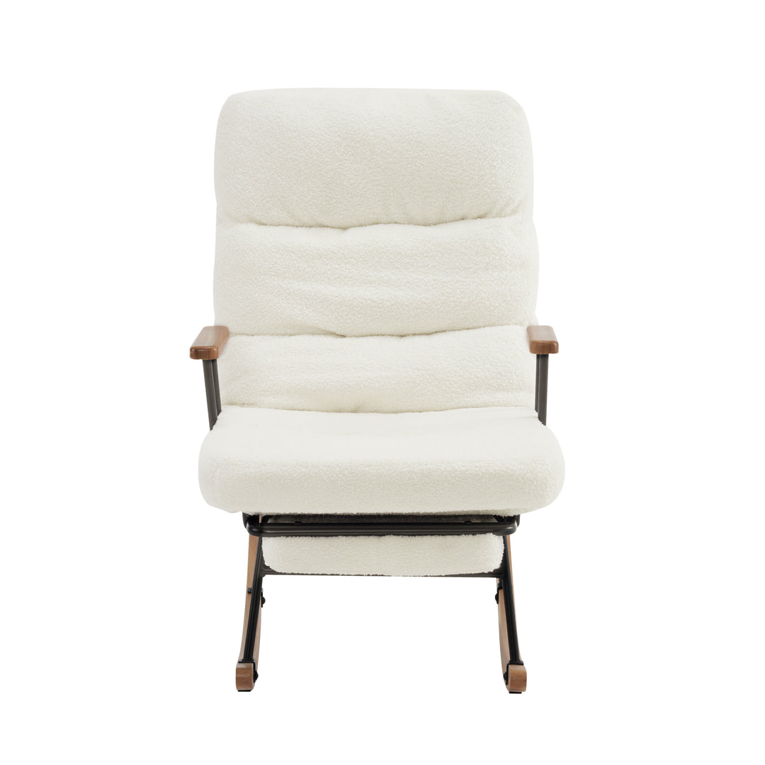 White boucle fabric nursery rocking chair with glider footrest PATINA UK