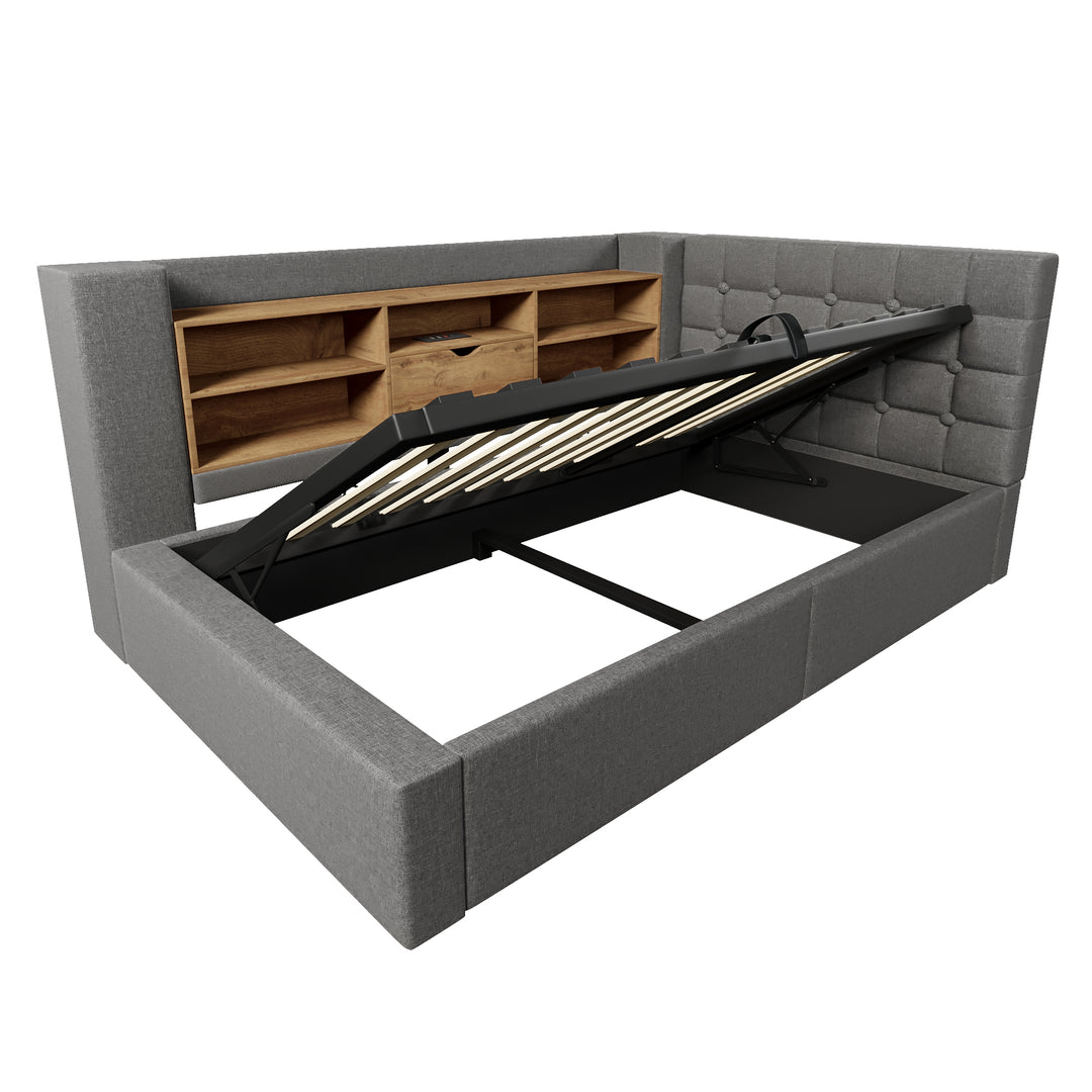 Single Daybed 3ft Grey Linen Upholstered Bed with Hydraulic Storage and LED Lights 90x190cm TRUNKMAX