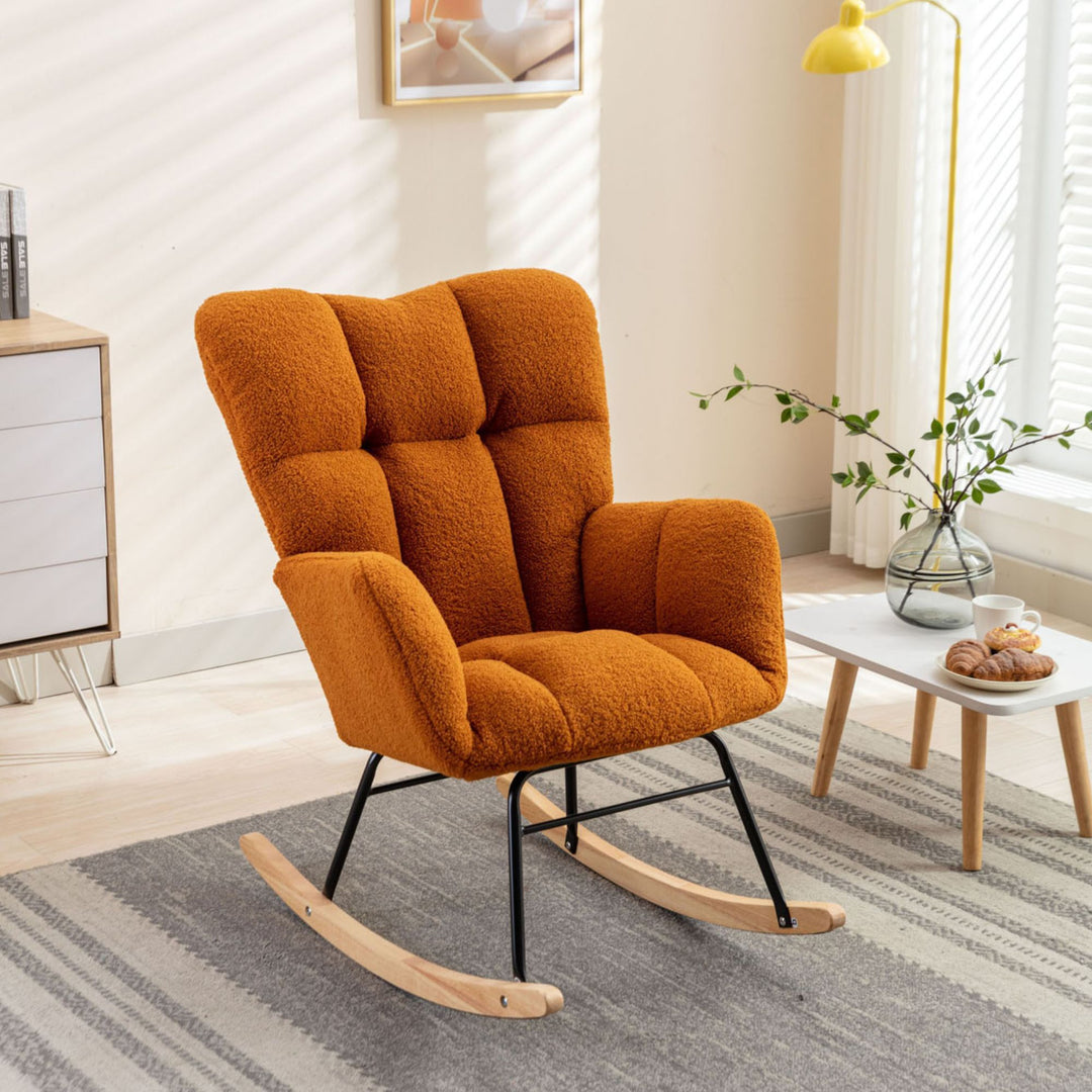 Orange teddy fabric upholstered rocking chair THROKUTS TEDDY CARAMEL UK