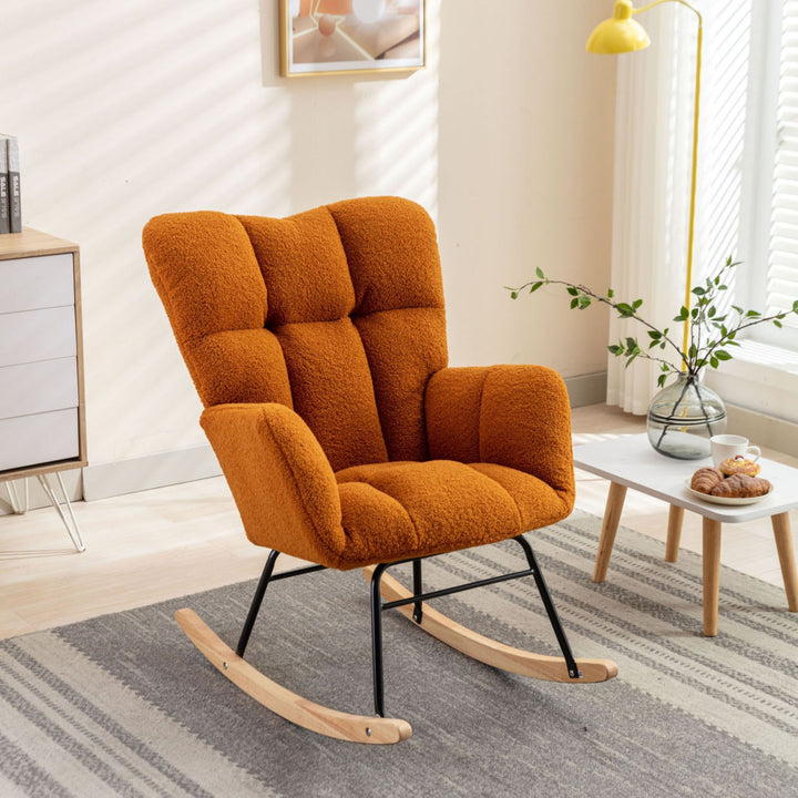 Orange teddy fabric upholstered rocking chair THROKUTS TEDDY CARAMEL UK