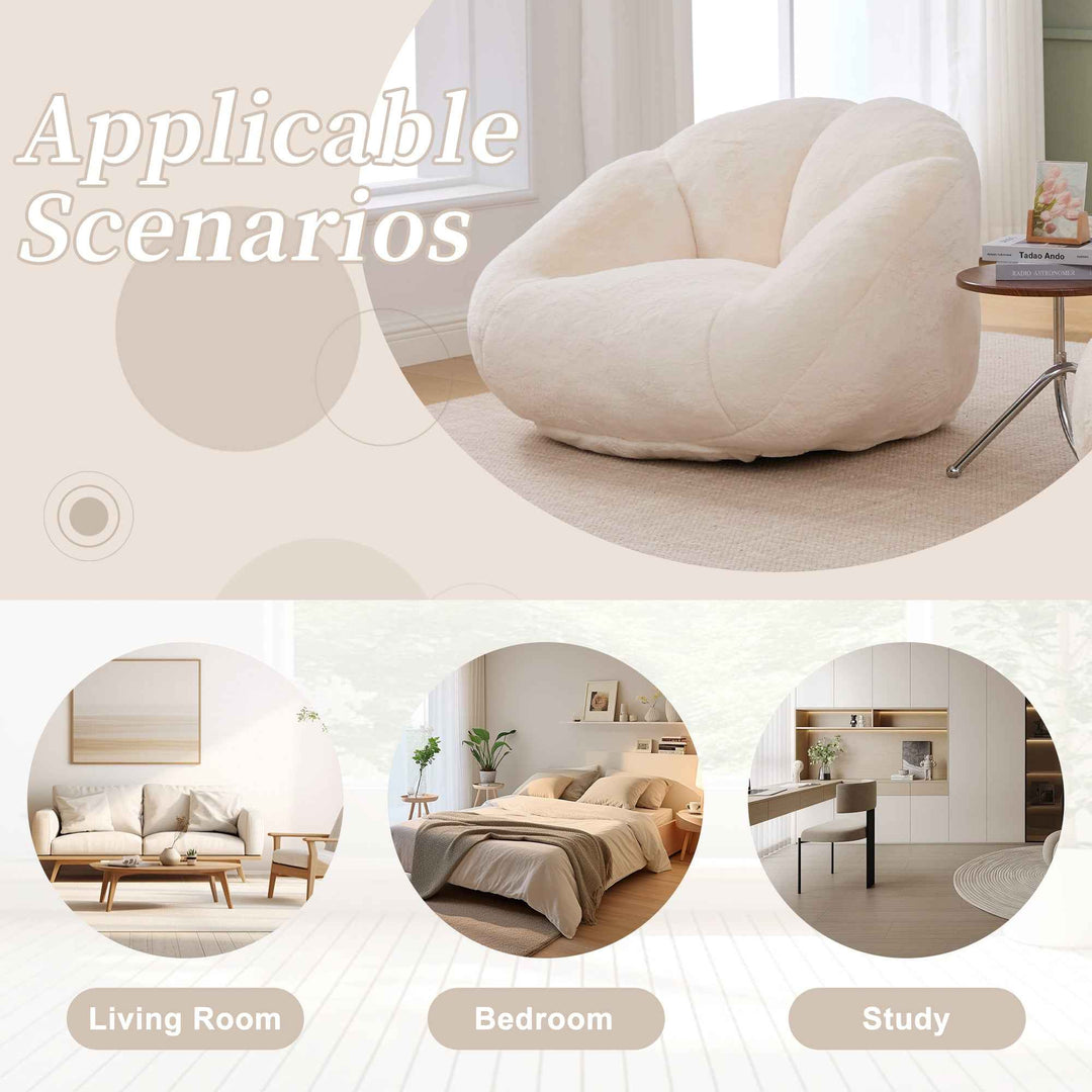 Lazy chair shell shaped sofa beige faux fur, memory foam bean bag chair removable cover