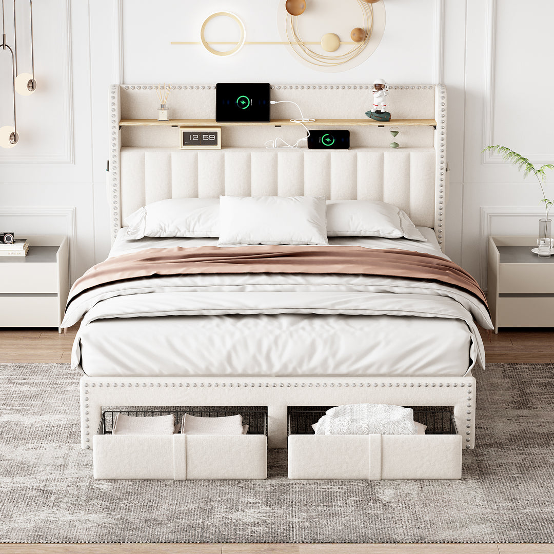 Beige linen upholstered divan double Bed 135x190cm with 2 storage drawers and LED lighting & charging ports (no mattress) OGHAMNOTCH