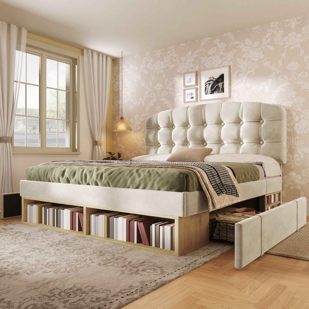 Double Bed Frame with Storage Drawers Velvet Upholstered, 135x190cm, Beige, No Mattress BEDRESIN