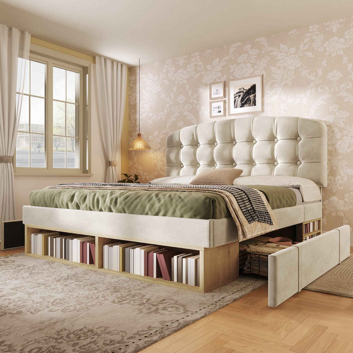 Double Bed Frame with Storage Drawers Velvet Upholstered, 135x190cm, Beige, No Mattress BEDRESIN