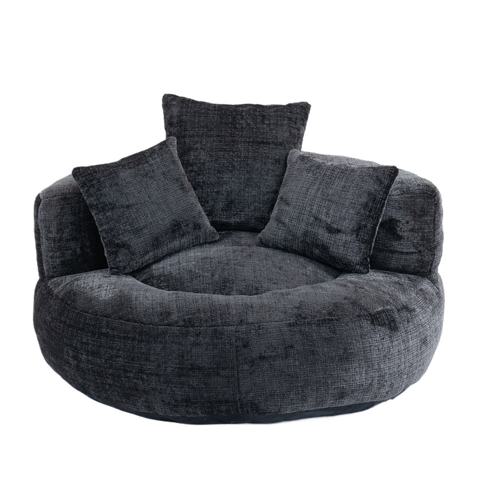 Large comfy round snuggle chair in dark gray chenille fabric BLISSO