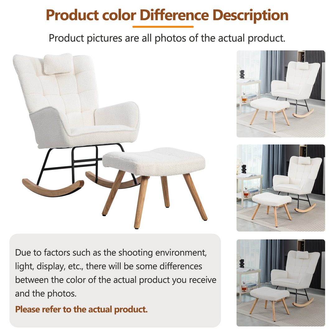 White bouclé fabric rocking chair with footstool and neck pillow PHLOEM