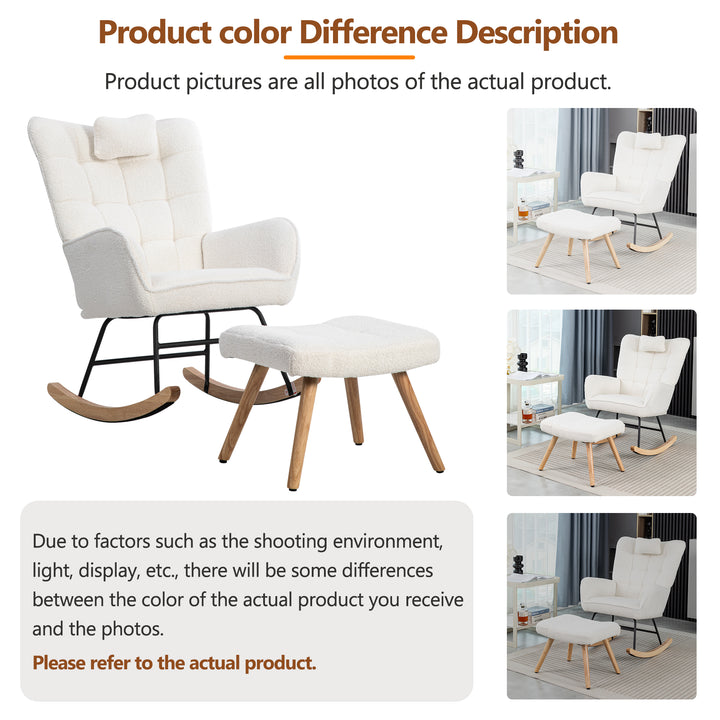 White bouclé fabric rocking chair with footstool and neck pillow PHLOEM