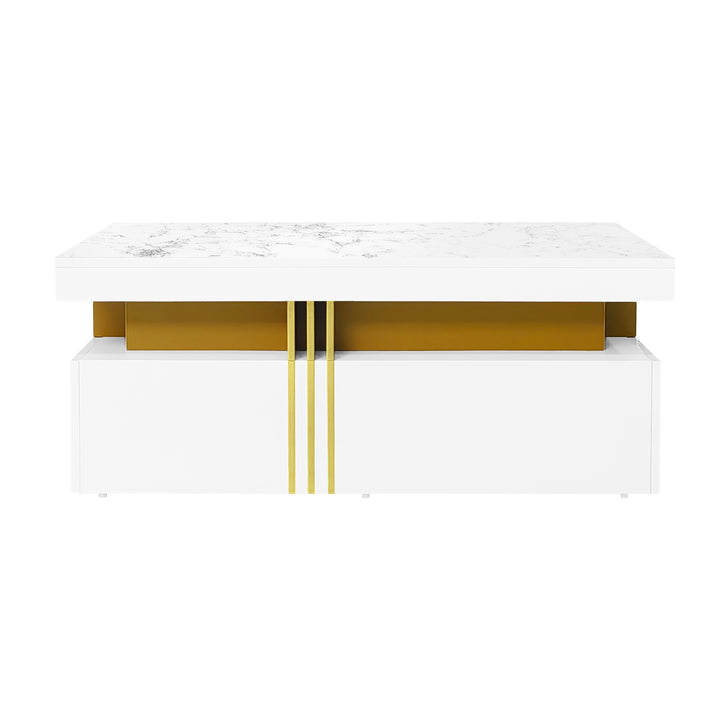 White marble look coffee table with gold accents and 2 drawers CREPUSCRAY