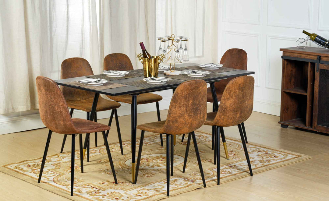 Dining Chair Set of 6, Suede Upholstery, Brown, Space-Saving Stackable Design, Metal Legs, Modern Style for Kitchen or Garden