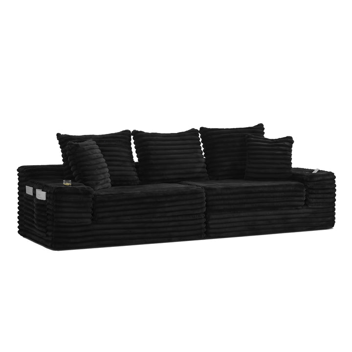 Luxury Black Ribbed Velvet 3-Seater Sofa Bed Convertible with Cupholders and Side Pockets WOOLCART