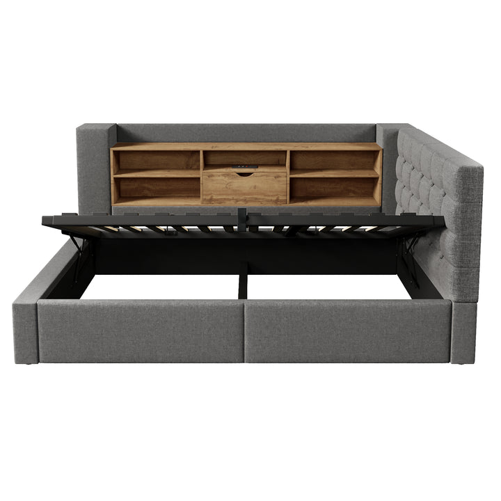 Single Daybed 3ft Grey Linen Upholstered Bed with Hydraulic Storage and LED Lights 90x190cm TRUNKMAX