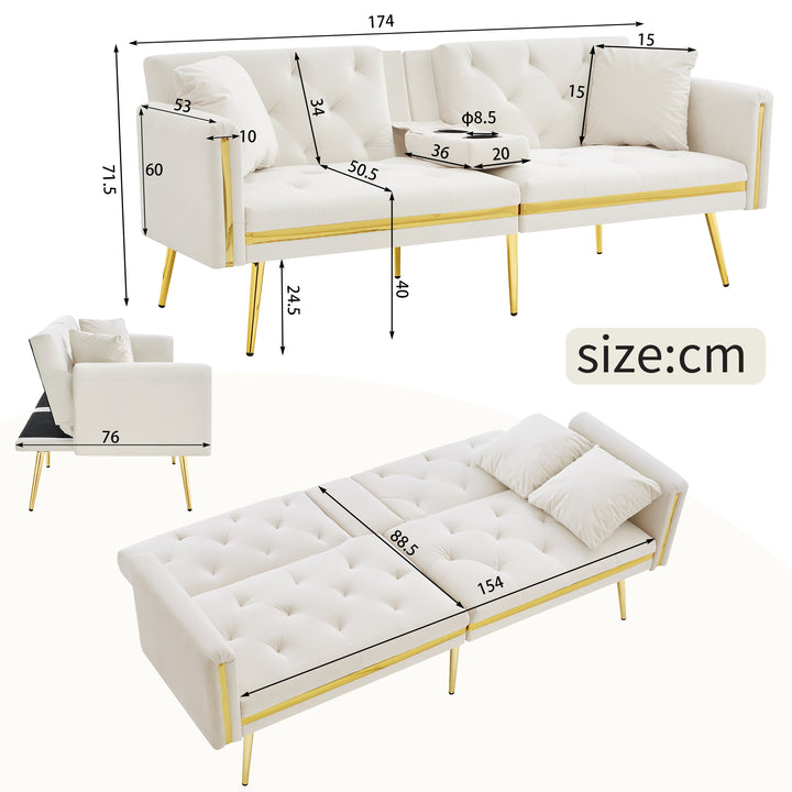 Beige velvet tufted 2-seater sofa bed with gold legs hidden fold-down cup holder COTTONPUFF