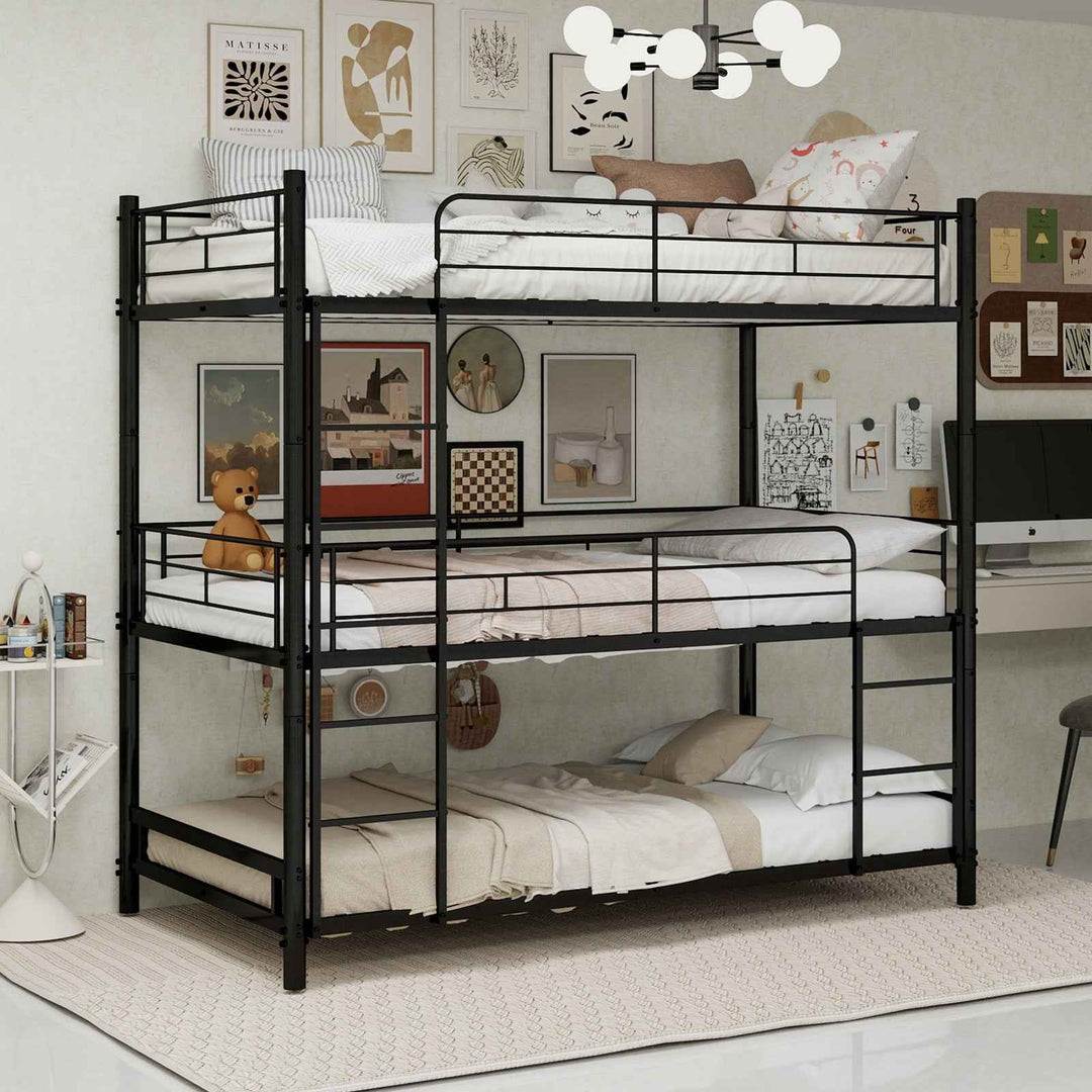 Metal Triple Bunk Bed Frame Black 90x190cm, Reinforced Iron, Space Saving, 3 Person, Dormitory & Kids Room, Modern Industrial Style