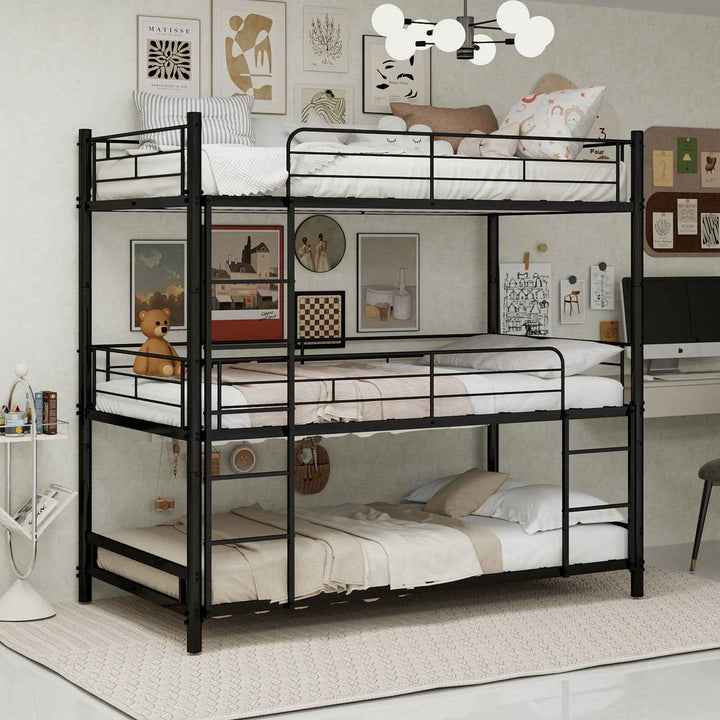 Metal Triple Bunk Bed Frame Black 90x190cm, Reinforced Iron, Space Saving, 3 Person, Dormitory & Kids Room, Modern Industrial Style