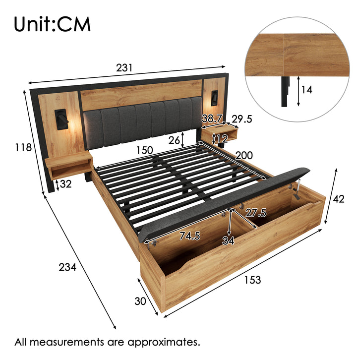 Double Oak Wooden Platform Bed with Storage Bench, Lamps and Charging Station 150x200cm URBANWICKERMAX