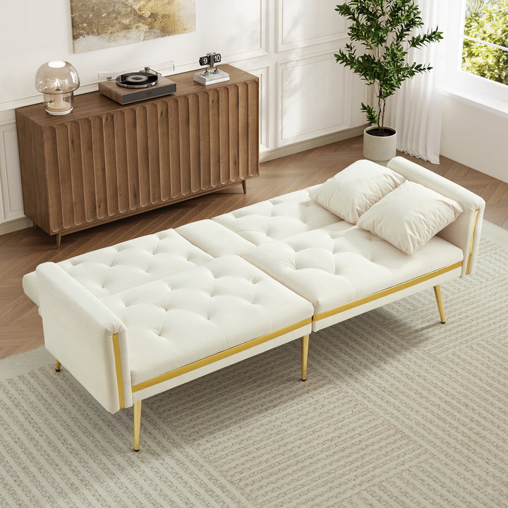 Beige velvet tufted 2-seater sofa bed with gold legs hidden fold-down cup holder COTTONPUFF