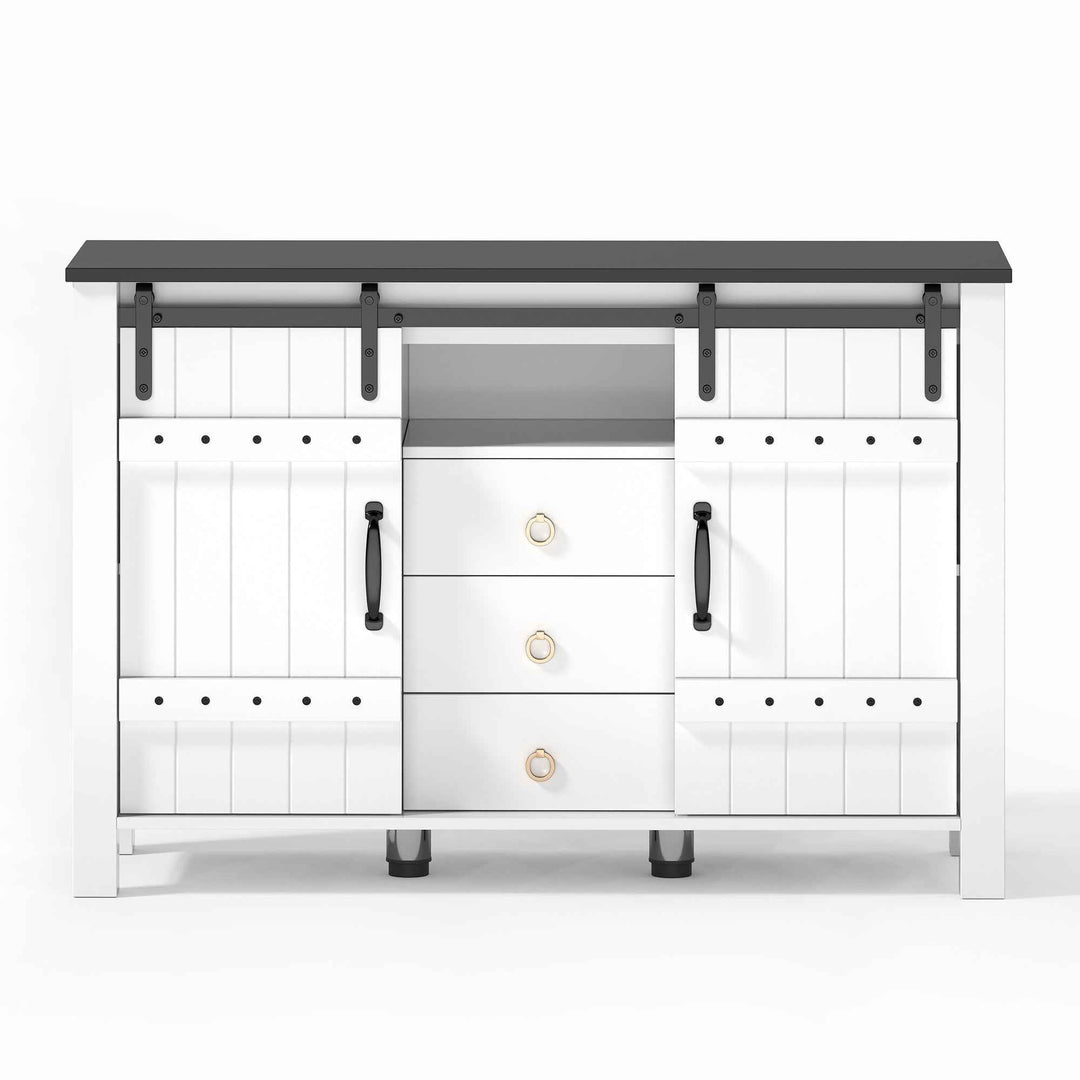 00+Sideboard Cabinet 120cm White with Sliding Doors & 3 Drawers, Rustic Storage Buffet for Kitchen VERTEXLYNX
