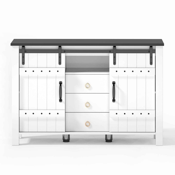 00+Sideboard Cabinet 120cm White with Sliding Doors & 3 Drawers, Rustic Storage Buffet for Kitchen VERTEXLYNX