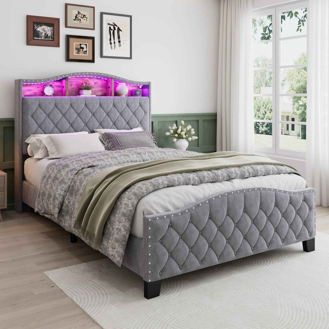00+Double Upholstered Bed 135x190cm Velvet Grey with Storage, LED Lights, Soft Backrest CONCRETECONSOLE