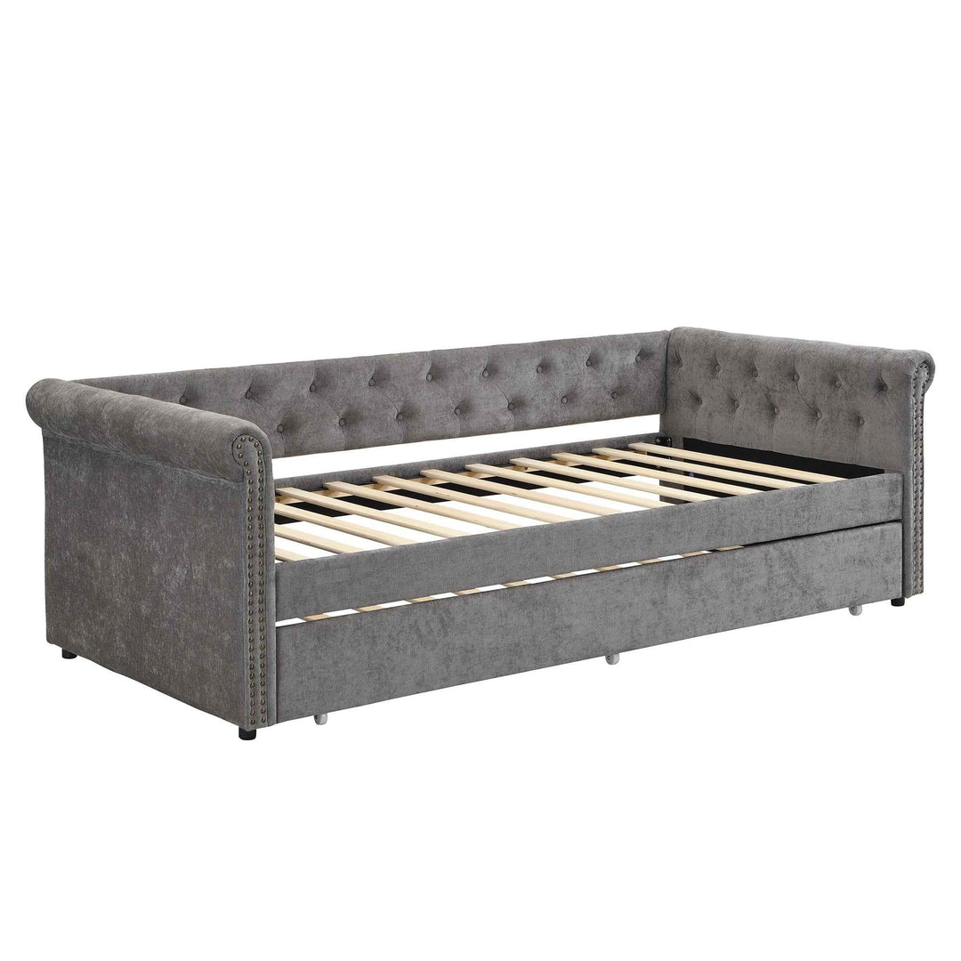 00+Single Upholstered Bed 90x190cm Velvet Grey Daybed Sofa Bed,  Space Saving for Adults & Teenagers CONCRETECONTAINER