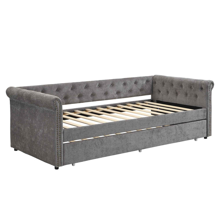 00+Single Upholstered Bed 90x190cm Velvet Grey Daybed Sofa Bed,  Space Saving for Adults & Teenagers CONCRETECONTAINER