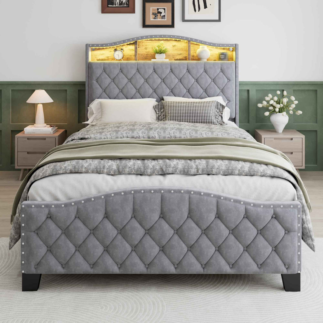 00+Double Upholstered Bed 135x190cm Velvet Grey with Storage, LED Lights, Soft Backrest CONCRETECONSOLE